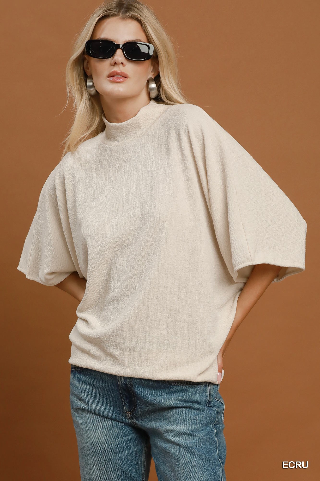 Mock Neck Dolman Sleeve Knit Top Ecru