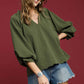 V Neck Balloon Sleeves Textured Top Olive