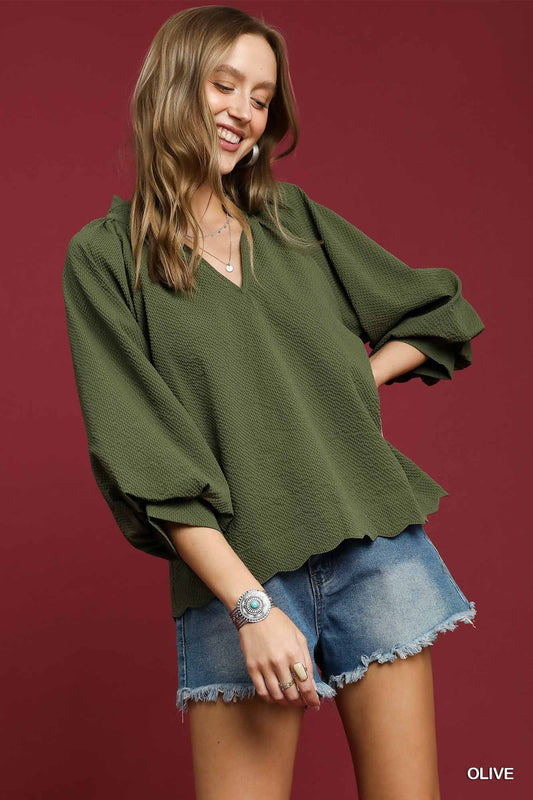 V Neck Balloon Sleeves Textured Top Olive