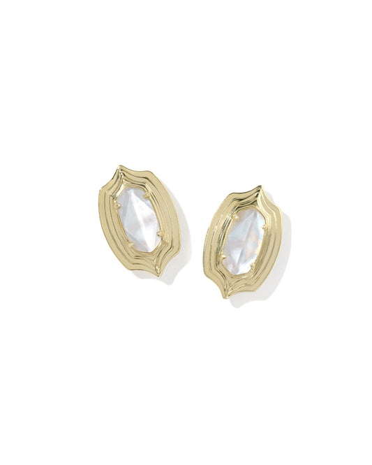 Ellie Stepped Frame Stud Earrings Gold Ivory MOP