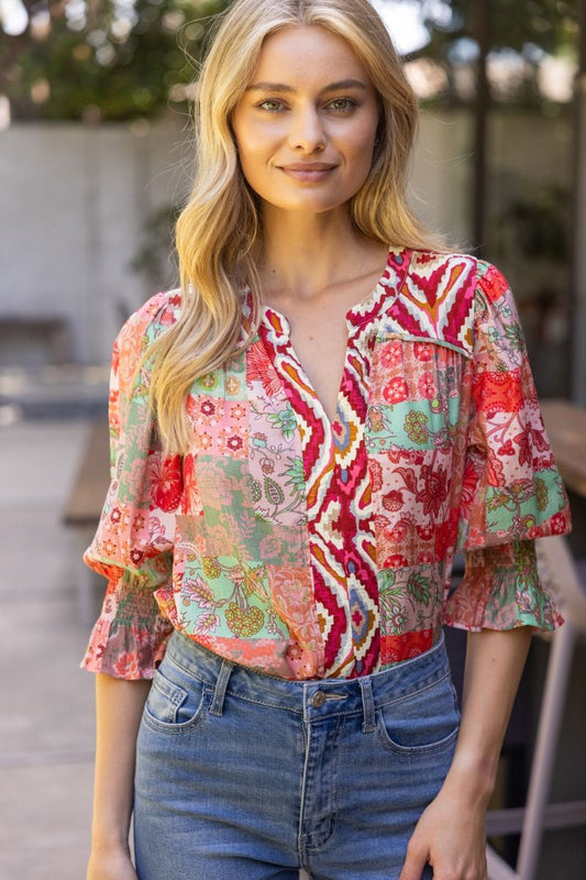 Detailed Mixed Print Top Coral