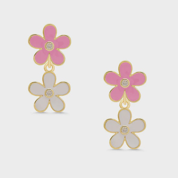 Double Flower CZ Dangle Earrings Pink/White