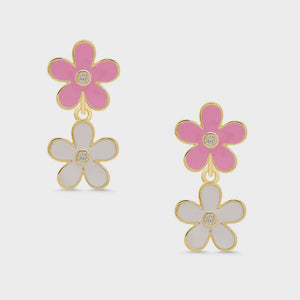 Double Flower CZ Dangle Earrings Pink/White