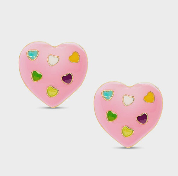Puffed Heart Stud Earrings - Pink