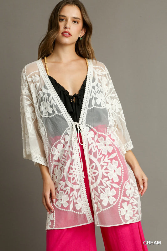 Floral Lace Kimono with Waist Tie Cream