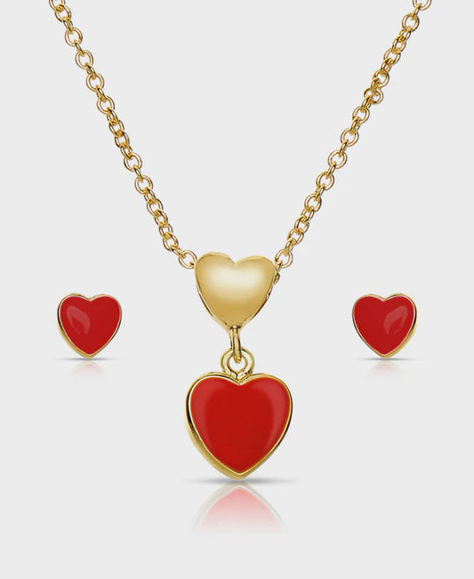 Heart Pendant/Stud Earrings Set Red