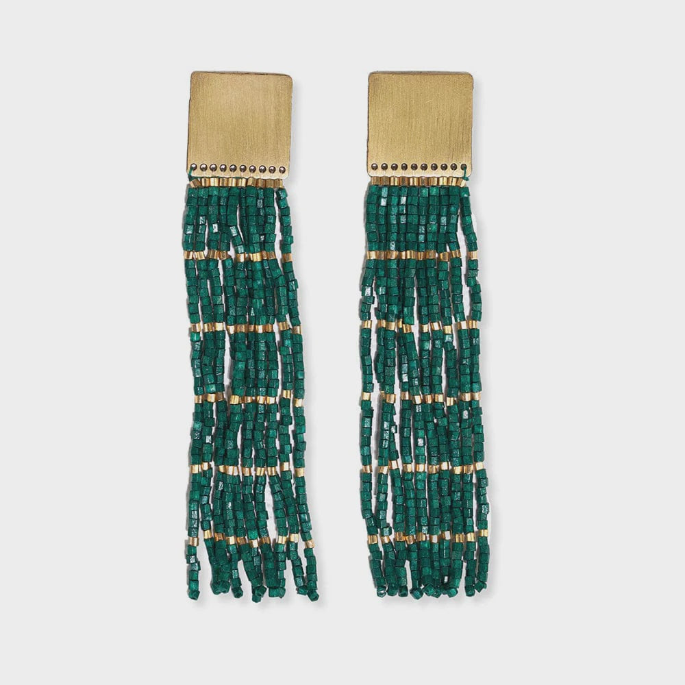 Harlow Brass Stripe Fringe Earrings Emerald