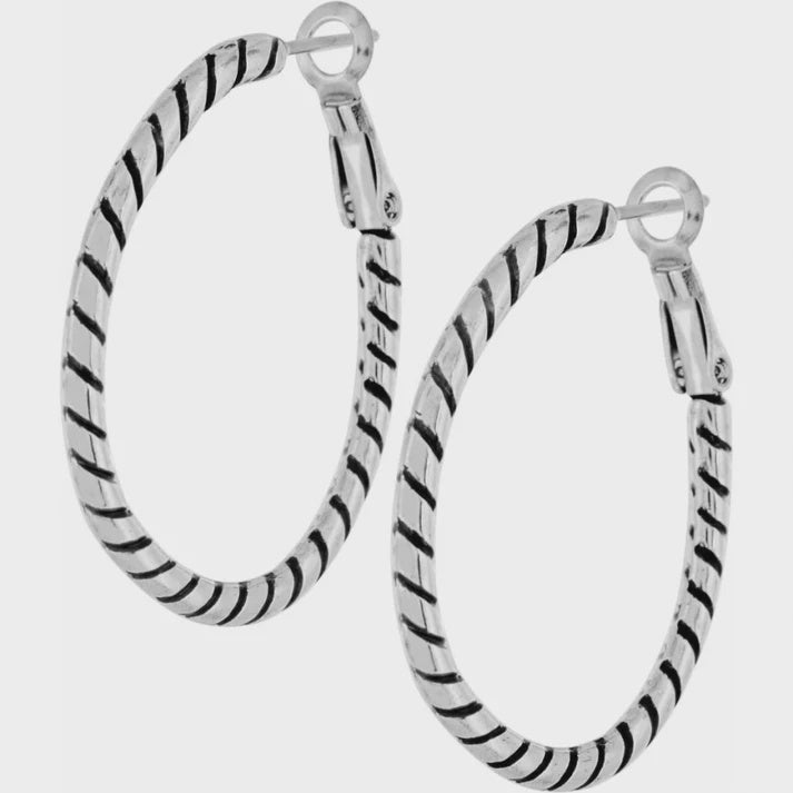 Twist Oval Hoop Charm Earrings Silver